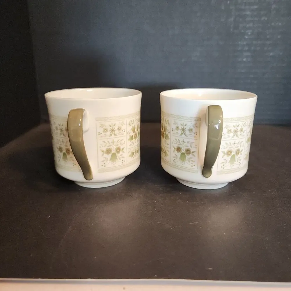 Royal Doulton Tea Coffee China Cup~Samarra~Green Tan Floral, England Set of 2